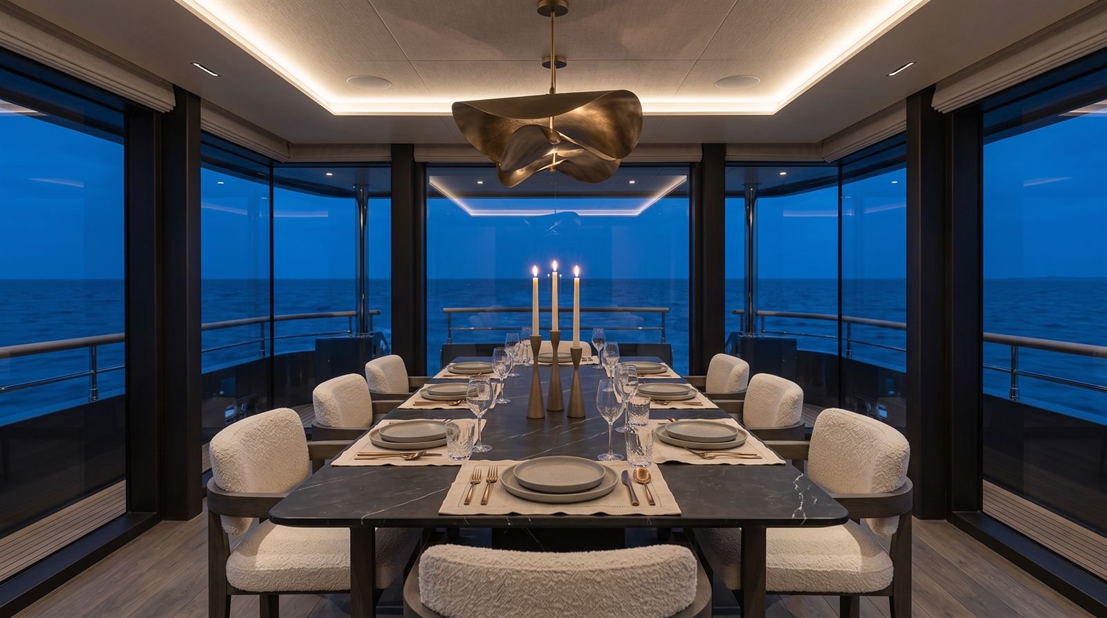 Main salon dining set for eight at dusk
